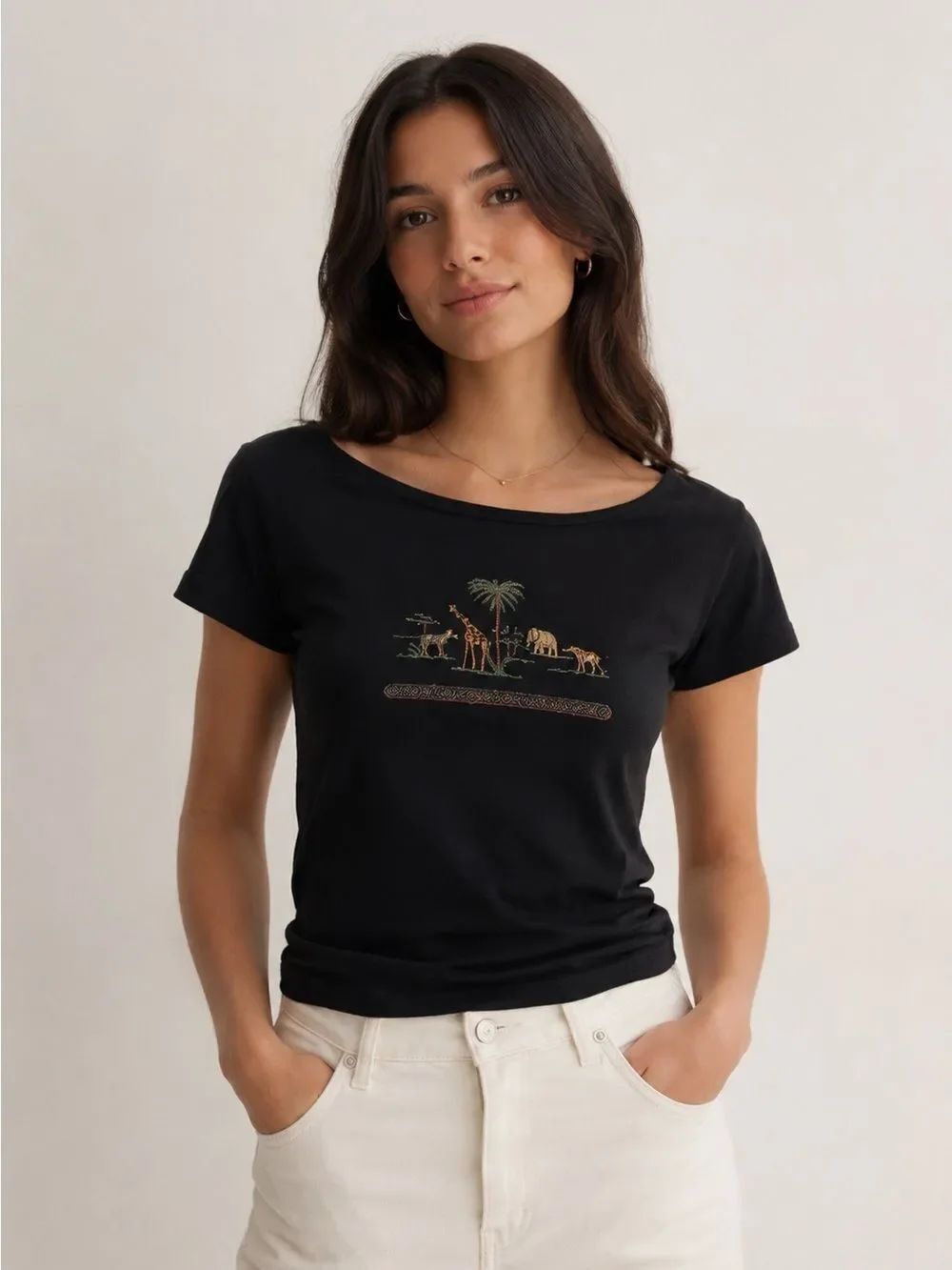 Sharon Young Black Short-Sleeve Tee with Safari Graphic
